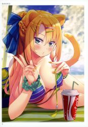 Rule 34 | 1girl, absurdres, ameto yuki, animal ears, artist name, bare shoulders, beach, beach towel, bikini, blonde hair, blurry, blurry background, blush, braid, breasts, cat ears, cat tail, cleavage, cloud, cloudy sky, collarbone, drink, drinking straw, fingernails, green eyes, hair ornament, hairclip, highres, huge filesize, large breasts, lips, long hair, looking at viewer, lying, nail polish, on side, scan, shiny skin, sky, solo, striped bikini, striped clothes, swimsuit, tail, toranoana, towel, water