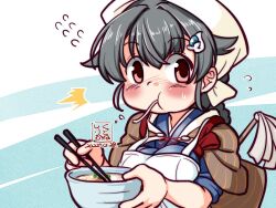 Rule 34 | 1girl, ^^^, artist logo, bandana, black hair, blue background, bowl, braid, breasts, brown shawl, commentary request, dated, duster, eating, food, hair flaps, hair ornament, hairclip, holding, holding bowl, jingei (kancolle), kantai collection, kutone shirika, large breasts, long hair, low ponytail, noodles, ramen, red eyes, shawl, single braid, sleeves rolled up, solo, tasuki, upper body