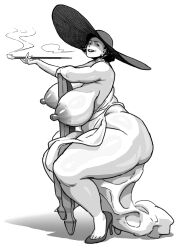 Rule 34 | 1930s (style), 1girl, 69 (artist), absurdres, alcina dimitrescu, arms up, ass, between breasts, black hat, breasts, capcom, cigarette, collarbone, commentary, curly hair, dress, earrings, english commentary, from side, grey dress, hashtag-only commentary, hat, high heels, highres, huge ass, huge breasts, jewelry, large breasts, lipstick, long sleeves, looking at viewer, makeup, mature female, monochrome, necklace, nipples, nude, on chair, pale skin, parted bangs, resident evil, resident evil village, shadow, simple background, sitting, smoking, smoking pipe, sun hat, tall female, vampire, white background