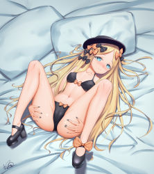 Rule 34 | 1girl, abigail williams (fate), absurdres, ass, bed sheet, black bow, black bra, black footwear, black hat, black panties, blonde hair, blue eyes, blush, bow, bow bra, bow panties, bra, breasts, closed mouth, collarbone, covered erect nipples, fate/grand order, fate (series), fingernails, forehead, full body, grey nails, hair bow, hands on own ass, hat, high heels, highres, long hair, looking at viewer, lying, mary janes, nail polish, navel, nose blush, on back, orange bow, panties, parted bangs, pillow, polka dot, polka dot bow, shoes, signature, small breasts, smile, solo, underwear, very long hair, xiaoxi0619