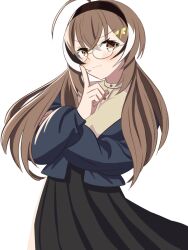 Rule 34 | 1girl, ahoge, alternate costume, alternate hairstyle, bespectacled, black skirt, blue jacket, brown eyes, brown hair, brown shirt, crossed arms, crossed bangs, finger to face, glasses, hair ornament, hairclip, highres, hololive, hololive english, jacket, low twintails, multicolored hair, nanashi mumei, pleated skirt, round eyewear, shirt, shishi cc, skirt, smirk, streaked hair, twintails, virtual youtuber