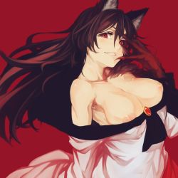 Rule 34 | 1girl, animal ear fluff, animal ears, areola slip, armpit hair, armpits, black sclera, breasts, brooch, brown hair, cleavage, collarbone, colored sclera, dress, fingernails, floating hair, fur, gem, hair between eyes, head tilt, highres, imaizumi kagerou, jewelry, long hair, long sleeves, looking to the side, medium breasts, mismatched sclera, nail polish, nipples, no bra, nuppehofu (nibuta), red background, red eyes, red nails, sharp fingernails, simple background, solo, touhou, transformation, undressing, white dress, wolf ears