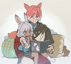 Rule 34 | 1boy, 1girl, :o, aged down, animal ears, book, brown shorts, cat ears, child, cowboy shot, crystal, crystal exarch, crystallization, cushion, final fantasy, final fantasy xiv, g&#039;raha tia, gradient hair, grey hair, hair between eyes, hands up, height difference, holding, holding book, hood, hood down, hooded robe, lyna (ff14), material growth, miqo&#039;te, multicolored hair, no shoes, purple eyes, rabbit ears, reading, red eyes, red hair, robe, shirt, short hair, shorts, simple background, sitting, sitting on lap, sitting on person, slit pupils, smile, socks, stuffed animal, stuffed toy, teddy bear, two-tone hair, viera, white hair, white shirt, white socks, wuliu heihuo, yellow background