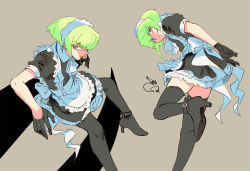 Rule 34 | adapted costume, alternate costume, anime coloring, apron, ascot, bae (baebae), black gloves, boots, enmaided, gloves, green hair, half gloves, high heels, lio fotia, maid, maid headdress, male focus, promare, purple eyes, thigh boots, thighhighs, trap