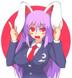 Rule 34 | 1girl, animal ears, blush stickers, breasts, collared shirt, commentary, covered erect nipples, english commentary, extra ears, hair between eyes, hands up, inkerton-kun, jacket, large breasts, long hair, long sleeves, looking at viewer, necktie, open mouth, pointing, pointing up, purple hair, rabbit ears, red eyes, red necktie, reisen udongein inaba, shirt, sidelocks, simple background, solo, suit jacket, touhou, upper body, w arms, wavy mouth, white shirt