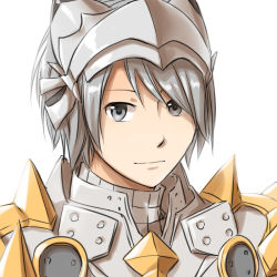 Rule 34 | 1boy, armor, breastplate, closed mouth, commentary request, grey eyes, grey hair, looking at viewer, male focus, natsuya (kuttuki), pauldrons, ragnarok online, rune knight (ragnarok online), short hair, shoulder armor, simple background, smile, solo, spiked pauldrons, upper body, visor (armor), white background