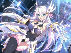 Rule 34 | 1girl, antenna hair, armor, armored boots, armored dress, black thighhighs, blue eyes, boots, breastplate, breasts, crossover, detached sleeves, faulds, gauntlets, hair ornament, high school dxd, indoors, large breasts, leotard, long hair, looking at viewer, official art, rossweisse, senran kagura, senran kagura new link, silver hair, solo, standing, thighhighs, very long hair