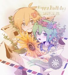 Rule 34 | 2boys, basil (faraway) (omori), basil (headspace) (omori), basil (omori), blonde hair, blue eyes, blue overalls, blush, colored skin, dated, flower, green eyes, green hair, green sweater vest, hair flower, hair ornament, happy birthday, head wreath, highres, looking at viewer, multiple boys, omori, open mouth, overalls, parted lips, shirt, short hair, smile, sunflower, sweater vest, vb4but, white shirt, white skin, yellow shirt