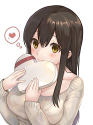 Rule 34 | 10s, 1girl, akagi (kancolle), bad id, bad twitter id, black hair, blush, box, breasts, brown eyes, candy, chocolate, chocolate heart, collarbone, commentary request, food, fukuroumori, hair between eyes, heart, heart-shaped box, holding, kantai collection, large breasts, long hair, long sleeves, looking at viewer, simple background, smile, solo, spoken heart, sweater, valentine, white background