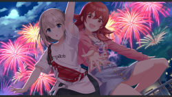 Rule 34 | 2girls, :d, aerial fireworks, arm up, black skirt, blue eyes, blue skirt, blush, brown eyes, brown hair, cloud, cloudy sky, commentary request, fanny pack, fireworks, full moon, grey hair, hair between eyes, idolmaster, idolmaster shiny colors, jacket, komiya kaho, letterboxed, long hair, long sleeves, looking at viewer, moon, multiple girls, night, night sky, o (rakkasei), open clothes, open jacket, open mouth, outdoors, parted lips, pink jacket, serizawa asahi, shirt, short sleeves, skirt, sky, sleeves past wrists, smile, striped clothes, striped shirt, white shirt