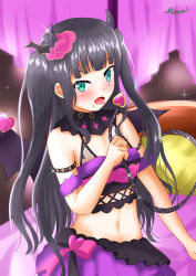Rule 34 | 1girl, absurdres, alternate hairstyle, aqua eyes, arm garter, artist name, artist request, bandeau, bare shoulders, bed, black bow, black gloves, black hair, black wings, blunt bangs, blush, bow, bracelet, breasts, cleavage, collarbone, curtains, demon girl, demon horns, demon tail, demon wings, diamond (gemstone), dress, fake horns, female focus, flower, frilled skirt, frills, fur-trimmed bandeau, fur trim, gem, gloves, green eyes, hair flower, hair ornament, heart (symbol), highres, holding, holding tail, horns, jewelry, kurosawa dia, long hair, looking at viewer, love live!, love live! school idol festival, love live! sunshine!!, miniskirt, mizunoe illust, mole, mole under mouth, on bed, parted lips, pearl (gemstone), pearl bracelet, pillow, pink bandeau, pink bow, pink dress, pink flower, plaid, plaid dress, plaid skirt, pleated, pleated dress, pleated skirt, purple curtains, purple detached collar, purple flower, purple skirt, skirt, sleeveless, sleeveless dress, small breasts, smile, solo, sparkle, tail, twintails, wings, wrist cuffs