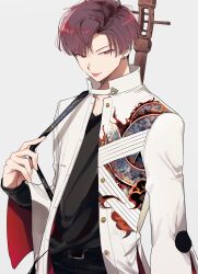 Rule 34 | 1boy, :p, absurdres, arm at side, belt, black belt, black pants, black shirt, buckle, buttons, collarbone, collared jacket, cowboy shot, earrings, fate/grand order, fate (series), highres, instrument on back, jacket, jewelry, long sleeves, looking at viewer, male focus, open clothes, open jacket, pants, parted bangs, red eyes, red hair, shirt, short hair, solo, takasugi shinsaku (fate), takasugi shinsaku (first ascension) (fate), tongue, tongue out, white jacket, yuu 2111