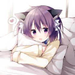 Rule 34 | 1girl, animal ear fluff, animal ears, bloom, blush, bow, crossed arms, dot nose, hair between eyes, hair bow, hair ribbon, heart, highres, himeguri taruhi, light particles, long sleeves, looking at viewer, lying, hugging object, on stomach, open mouth, pillow, pillow hug, purple eyes, purple hair, ribbon, shirt, sleeves past wrists, smile, solo, spoken heart, takepoison, under covers, white bow, white ribbon, yellow shirt, yuki koi melt