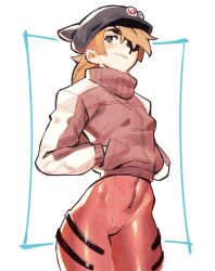 Rule 34 | 1girl, bodysuit, breasts, effy neprin, eyepatch, hands in pockets, hands on pockets, hat, jacket, neon genesis evangelion, orange hair, plugsuit, rebuild of evangelion, red bodysuit, shiny clothes, simple background, small breasts, smile, solo, souryuu asuka langley, track jacket