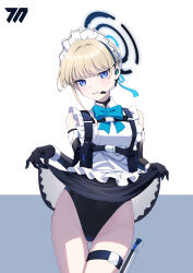 Rule 34 | 1girl, 879915941, absurdres, apron, blonde hair, blue archive, blue bow, blue bowtie, blue eyes, blue leotard, blush, bow, bowtie, bun cover, chest harness, clothes lift, covered collarbone, earpiece, elbow gloves, frilled apron, frills, gloves, hair ornament, halo, harness, highleg, highleg leotard, highres, leotard, lifted by self, looking at viewer, maid headdress, simple background, sleeveless turtleneck leotard, solo, toki (blue archive), waist bow, white background