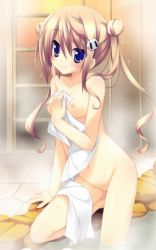 Rule 34 | 1girl, bathing, breasts, covering privates, dog hair ornament, double bun, hair bun, hair ornament, koiiro soramoyou, lucie, medium breasts, naked towel, navel, nipples, nude, nude cover, pussy, shinohara sera, solo, source request, towel, twintails, uncensored