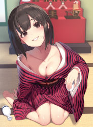 Rule 34 | 1girl, altar, architecture, arm support, bare legs, bare shoulders, barefoot, black kimono, blurry, blush, bottle, breasts, brown eyes, brown hair, chariot, cleavage, collarbone, cup, dengeki moeou, depth of field, doll, drinking glass, east asian architecture, facing viewer, head tilt, highres, holding, holding cup, holding drinking glass, indoors, japanese clothes, kimono, long hair, long sleeves, looking at viewer, no bra, obi, off shoulder, open clothes, open kimono, original, pokachu, red kimono, sake bottle, sash, shrine, sitting, small breasts, smile, solo, striped clothes, striped kimono, teeth, tokkuri, vertical-striped clothes, vertical-striped kimono, wariza, wide sleeves, yukata