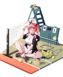 Rule 34 | 1girl, absurdres, adjusting clothes, adjusting headwear, ahoge, alternate costume, azur lane, ball, bandaid, bandaid on face, bandaid on leg, bare shoulders, basket, black collar, black footwear, black jacket, black ribbon, bottle, breasts, chinese commentary, cleavage, closed mouth, collar, collarbone, commentary request, hair between eyes, hair ribbon, hand up, highres, honolulu (azur lane), hood, hood down, hooded jacket, indian style, jacket, large breasts, long hair, looking at viewer, manjuu (azur lane), midriff, miniskirt, navel, off shoulder, open clothes, open jacket, panana, pleated skirt, racket, red eyes, red hair, ribbon, scoreboard, shadow, shoes, sidelocks, simple background, sitting, skirt, sleeves rolled up, sneakers, sports bra, sportswear, tennis ball, tennis court, tennis net, tennis racket, tennis uniform, thigh strap, twintails, visor cap, water bottle, white background, white headwear, white skirt, white sports bra, wristband