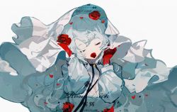 Rule 34 | 1girl, absurdres, black choker, breasts, choker, cleavage, closed eye, commission, english text, closed eyes, flower, gloves, highres, kikihuihui, long hair, original, red flower, red gloves, red rose, rose, simple background, sketch, solo, upper body, white background, white hair, white theme
