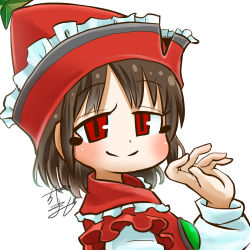 Rule 34 | 1girl, brown hair, chamaji, commentary request, frilled hat, frills, hat, long sleeves, looking at viewer, lowres, lyrica prismriver, musical note, profile picture, red eyes, red hat, red vest, shirt, short hair, signature, smile, solo, star (symbol), touhou, vest, waving, white shirt