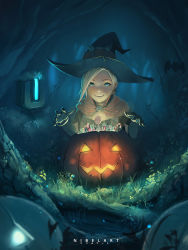 Rule 34 | 1girl, aged down, alternate costume, artist name, bangle, bastion (overwatch), bat (animal), blonde hair, blue eyes, bracelet, candy, capelet, child, commentary, earrings, elbow gloves, food, forest, gloves, glowing, halloween, halloween costume, hat, highres, jack-o&#039;-lantern, jack-o&#039;-lantern earrings, jewelry, looking at viewer, mercy (overwatch), nature, nibelart, night, no wings, official alternate costume, overwatch, overwatch 1, robot, short sleeves, signature, smile, upper body, witch, witch hat, witch mercy