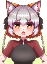 Rule 34 | 1girl, absurdres, animal ears, dress, extra ears, fox ears, fox girl, green background, grey hair, highres, hikarikmy, island fox (kemono friends), kemono friends, kemono friends v project, long hair, looking at viewer, open mouth, orange hair, ribbon, simple background, solo, twintails, upper body, virtual youtuber, yellow eyes