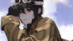 Rule 34 | 1girl, absurdres, androgynous, black eyes, black gloves, black hair, black headwear, blue sky, brown jacket, closed mouth, cloud, cloudy sky, commentary, gloves, goggles, goggles on headwear, hair between eyes, hand on headwear, highres, jacket, kino (kino no tabi), kino no tabi, light frown, long sleeves, looking at viewer, portrait, short hair, sky, solo, unrefle