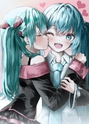 Rule 34 | 2girls, aqua hair, bare shoulders, blue eyes, commentary request, hatsune miku, honey whip (module), kiss, kissing cheek, long hair, looking at viewer, multiple girls, open mouth, pink background, selfcest, shirubaa, sweet devil (vocaloid), teeth, time paradox, twintails, upper body, upper teeth only, very long hair, vocaloid, yuri