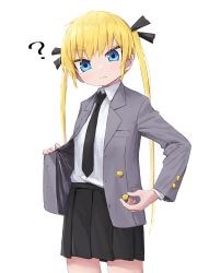 Rule 34 | 1girl, ?, black necktie, black ribbon, black skirt, blazer, blonde hair, blue eyes, blush, buttoned cuffs, buttons, closed mouth, collared shirt, commentary request, cowboy shot, grey jacket, hair ribbon, highres, jacket, kill me baby, long hair, long sleeves, looking at viewer, miniskirt, necktie, open clothes, open jacket, pleated skirt, ribbon, school uniform, shirt, shirt tucked in, simple background, skirt, solo, sonya (kill me baby), standing, twintails, very long hair, white background, white shirt, yachima tana