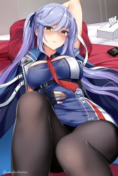 Rule 34 | 1girl, arm behind head, azur lane, black pantyhose, black ribbon, blue cloak, blue hair, blush, braid, breasts, brown eyes, brown pantyhose, character name, cloak, closed mouth, clothes writing, commentary request, condom box, dress, essex (azur lane), fingerless gloves, french braid, gloves, hand on own stomach, head tilt, highres, jacket, kaetzchen, knee up, large breasts, long hair, looking at viewer, lying, necktie, on back, pantyhose, pillow, ponytail, red necktie, ribbon, sidelocks, skindentation, solo, strap, tissue box, twitter username, very long hair
