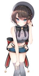 Rule 34 | 1girl, beliatan, belt, bent over, beret, black bow, black bowtie, blue eyes, blush, bow, bowtie, breasts, brown hair, closed mouth, crop top, crop top overhang, ear blush, grabbing, grey thighhighs, hand on own knee, hat, highres, hip vent, hololive, lace, lace-trimmed panties, lace trim, midriff, navel, official alternate costume, oozora subaru, oozora subaru (work), panties, panty peek, shirt, short hair, short shorts, shorts, simple background, sleeveless, sleeveless shirt, smile, solo, split mouth, striped clothes, striped shirt, suspenders, thighhighs, thighs, underwear, vertical-striped clothes, vertical-striped shirt, virtual youtuber, white background