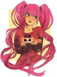 Rule 34 | 1girl, arsmentae, crossed arms, one piece, perona, pink hair, shirt, solo, t-shirt, tattoo, twintails
