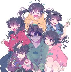 Rule 34 | 10s, 1boy, 5girls, arm on own head, black hair, brother and sister, brown eyes, character doll, closed eyes, eyewear on head, fang, figure, genderswap, genderswap (mtf), grabbing another&#039;s hair, hashimoto nyaa, high ponytail, highres, hood, hoodie, long hair, mask, matsuno choromatsu, matsuno ichimatsu, matsuno jyushimatsu, matsuno karamatsu, matsuno osomatsu, matsuno todomatsu, messy hair, mouth mask, multiple girls, open mouth, osomatsu-kun, osomatsu-san, sextuplets, shaded face, siblings, simple background, sisters, sitting, sleeves rolled up, smile, socks, sunglasses, surgical mask, twintails, vivinos, white background