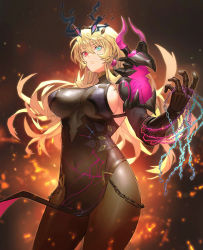 Rule 34 | 1girl, armor, bare shoulders, black dress, blonde hair, blue eyes, breasts, brown pantyhose, chain, dress, earrings, embers, barghest (fate), barghest (second ascension) (fate), fate/grand order, fate (series), gauntlets, heterochromia, highres, horns, jewelry, large breasts, long hair, looking at viewer, otsukemono, pantyhose, pauldrons, pelvic curtain, red eyes, shoulder armor, sideboob, single gauntlet, single pauldron, solo, thighs