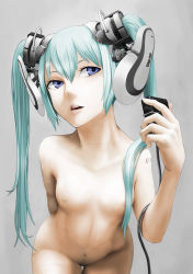 Rule 34 | 1girl, android, aqua hair, arm behind back, bent over, blue eyes, breasts, female focus, green hair, gynoid, hatsune miku, joints, lips, long hair, metal akira, microphone, navel, nipples, nude, robot joints, simple background, small breasts, solo, twintails, vocaloid