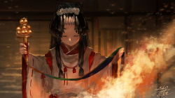 Rule 34 | 1girl, bell, black hair, closed eyes, closed mouth, dated, fire, flower, hair flower, hair ornament, high ponytail, highres, holding, japanese clothes, jingle bell, kagura suzu, kantai collection, long hair, long sleeves, miko, nisshin (kancolle), outdoors, ponytail, red ribbon, ribbon, ribbon-trimmed sleeves, ribbon trim, signature, solo, toka (marchlizard), wide sleeves