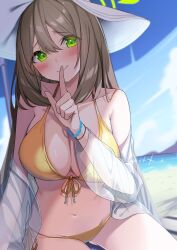 Rule 34 | 1girl, absurdres, beach, bikini, blue archive, blush, breasts, closed mouth, collarbone, day, finger to mouth, green eyes, green halo, halo, hat, highres, index finger raised, jacket, large breasts, light brown hair, long hair, long sleeves, looking at viewer, mizumok1, navel, nonomi (blue archive), nonomi (swimsuit) (blue archive), ocean, official alternate costume, outdoors, see-through, see-through jacket, solo, swimsuit, white hat, yellow bikini