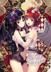 Rule 34 | 2girls, :d, angel, angel and devil, angel wings, animal, animal on head, apple, aqua eyes, armband, asymmetrical docking, bare shoulders, bat (animal), bird, bird on head, black gloves, black hair, black vs white, blue flower, blue rose, blunt bangs, blush, bob cut, breast press, breasts, bridal gauntlets, bug, butterfly, butterfly on head, center opening, choker, cleavage, cloud, collar, cowboy shot, cross-laced clothes, demon girl, demon horns, demon wings, diamond (shape), dove, fingernails, flower, food, from side, fruit, gloves, grey wings, hair flower, hair ornament, heart, highres, horns, hug, insect, lace, lace-trimmed gloves, lace trim, leaf, leotard, light smile, long hair, looking at viewer, medium breasts, multiple girls, navel, on head, open mouth, original, parted lips, pink flower, pink rose, purple flower, purple rose, red background, red eyes, red flower, red hair, red rose, ribbon, ribbon trim, rose, running, sharp fingernails, short hair, skull hair ornament, small breasts, smile, spiked collar, spikes, star (symbol), stomach, strapless, terai (teraimorimori), wavy hair, white flower, white gloves, white leotard, white ribbon, white rose, white wings, wings