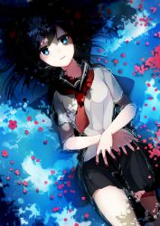 Rule 34 | 1girl, absurdres, black hair, black skirt, blue eyes, floating hair, flower, from above, highres, long hair, looking at viewer, lying, nail polish, on back, original, partially submerged, pleated skirt, red flower, red nails, school uniform, serafuku, shirt, skirt, sogawa66, solo, white shirt