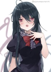 Rule 34 | 1girl, ahoge, alternate hair length, alternate hairstyle, asymmetrical wings, black dress, black hair, blue wings, blurry, blurry background, blush, bow, bowtie, breasts, center frills, depth of field, dress, fang, frills, hair between eyes, hand up, highres, houjuu nue, long hair, looking at viewer, medium breasts, momomaron, open mouth, puffy short sleeves, puffy sleeves, purple eyes, red bow, red bowtie, red eyes, red wings, short sleeves, simple background, skin fang, solo, touhou, twitter username, upper body, very long hair, white background, wings