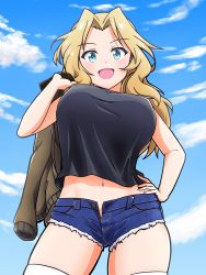 Rule 34 | 1girl, black shirt, blonde hair, blue eyes, blue shorts, blush, breasts, covered erect nipples, crop top, crop top overhang, from below, girls und panzer, hachiko (kota091986), hair intakes, hand on own hip, highres, jacket, jacket over shoulder, kay (girls und panzer), large breasts, long hair, looking at viewer, midriff, navel, open mouth, outdoors, parted bangs, shirt, short shorts, shorts, sky, smile, solo, thighhighs, thighs, unworn jacket