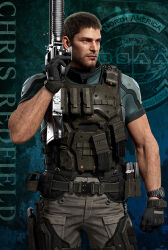 Rule 34 | 1boy, 3d, arm hair, belt, black gloves, black hair, brown pants, bulletproof vest, capcom, chris redfield, clenched hand, closed mouth, cross promotion, crossover, explosive, general-purpose machine gun, gloves, green background, green shirt, green sleeves, grenade, gun, gun holster, hand grenade, handgun, holding, holding weapon, holster, knife, little armory, m60, machine gun, male focus, muscular, muscular male, official art, pants, pistol, quebico, resident evil, resident evil: death island, rifle, shirt, short hair, short sleeves, simple background, solo, standing, thigh holster, tms entertainment, tomytec, veins, weapon