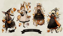 Rule 34 | 4girls, :&lt;, absurdres, animal, animal ears, animal feet, apple, apron, autumn, autumn leaves, bag, baguette, basket, bell, black apron, black bow, black cat, black dress, black footwear, black hairband, black headwear, black skin, black tail, bloomers, blunt ends, bottle, bow, bow hairband, bowl, bowtie, braid, branch, bread, bread slice, brown capelet, brown dress, brown eyes, brown hair, brown headwear, butter, cake, cake slice, capelet, cat, cat ears, cat girl, cat tail, chestnut, closed mouth, clothed animal, colored skin, commentary request, covered eyes, cowbell, croissant, cup, dot nose, dress, ears through headwear, flower, food, frilled apron, frilled dress, frilled hairband, frilled shirt collar, frills, fruit, fruit basket, full body, ghost costume, gradient hair, grey background, grey pantyhose, hair flower, hair ornament, hair over eyes, hair over one eye, hair ribbon, hairband, halloween, handbag, hands up, hat, hat ribbon, highres, holding, holding basket, holding bowl, holding food, holding teapot, holding tongs, holding tray, horns, jar, leaf, long dress, long hair, long sleeves, looking at viewer, maid, maid headdress, mary janes, multicolored hair, multiple girls, mushroom, open mouth, orange bow, orange bowtie, orange dress, orange eyes, orange flower, orange pantyhose, orange ribbon, original, pantyhose, pastry, pie, plate, profile, puffy long sleeves, puffy sleeves, pumpkin, rabbit, rabbit ears, rabbit girl, ribbon, sakutake (ue3sayu), saucer, sheep, sheep ears, sheep girl, shoes, short hair, shoulder bag, slit pupils, smile, spoon, squirrel, squirrel ears, squirrel girl, squirrel tail, standing, straight-on, striped clothes, striped pantyhose, striped ribbon, sugar cube, syrup, tail, teacup, teapot, toast, tongs, translation request, tray, twin braids, underwear, vertical-striped clothes, vertical-striped pantyhose, very long hair, walking, wavy hair, white apron, witch hat, wooden spoon, wooden tray, yellow bow
