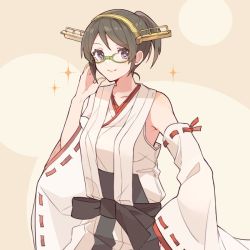 Rule 34 | 1girl, adjusting eyewear, alternate hairstyle, black hair, brown background, commentary request, cowboy shot, detached sleeves, glasses, green-framed eyewear, hairband, headgear, japanese clothes, kantai collection, kirishima (kancolle), looking at viewer, ponytail, ribbon-trimmed sleeves, ribbon trim, shakemi (sake mgmgmg), short hair, solo, two-tone background