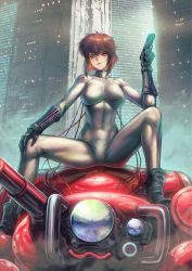 Rule 34 | 1girl, artist name, bob cut, bodysuit, boots, breasts, cable, closed mouth, cyberpunk, cyborg, fuchikoma, fujii eishun, ghost in the shell, gloves, gun, handgun, highres, holding, holding gun, holding weapon, kusanagi motoko, large breasts, lips, looking at viewer, red eyes, short hair, sitting, solo, weapon