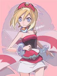 Rule 34 | 1girl, blonde hair, bracelet, closed mouth, collar, commentary, cowboy shot, creatures (company), frown, game freak, grey eyes, hair between eyes, hat, highres, i g1ax, irida (pokemon), jewelry, looking to the side, medium hair, neck ring, nintendo, pokemon, pokemon legends: arceus, red hat, red shirt, sash, shirt, shorts, sleeveless, sleeveless shirt, solo, strapless, strapless shirt, twitter username, white shorts