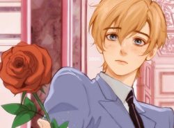 Rule 34 | 1boy, black necktie, blonde hair, blue eyes, blue jacket, closed mouth, collared shirt, commentary, flower, grey shirt, highres, holding, holding flower, indoors, jacket, looking at viewer, male focus, messy hair, necktie, ouran high school host club, portrait, red flower, red rose, rose, shirt, short hair, solo, suou tamaki, zvdohu