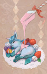 Rule 34 | 2012, :&lt;, berry, black eyes, blush, bow, closed mouth, commentary request, creatures (company), food, fruit, game freak, gen 4 pokemon, glaceon, kikuyoshi (tracco), lying, nintendo, no humans, on side, pokemon, pokemon (creature), red bow, solo, strawberry, toes, valentine