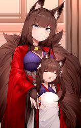 Rule 34 | 2girls, :o, absurdres, amagi-chan (azur lane), amagi (azur lane), animal ear fluff, animal ears, azur lane, breasts, bridal gauntlets, brown hair, closed eyes, commentary request, fox ears, fox tail, hair ribbon, hand on another&#039;s shoulder, highres, holding, japanese clothes, kimono, large breasts, long hair, looking at viewer, multiple girls, purple eyes, red kimono, ribbon, samip, tail, white ribbon, wide sleeves