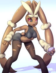 Rule 34 | 1girl, absurdres, animal ears, arched back, arm up, bare shoulders, bike shorts, black sclera, black thighhighs, blue background, breasts, collarbone, colored sclera, creatures (company), easter egg, egg, female focus, furry, furry female, game freak, gen 4 pokemon, gradient background, hand up, highres, leaning forward, legs apart, looking back, looking to the side, lopunny, medium breasts, mega lopunny, mega pokemon, nintendo, open mouth, pokemon, pokemon (creature), pokemon rse, rabbit ears, rabbit tail, red eyes, rilex lenov, simple background, skindentation, solo, sports bra, standing, tail, teeth, thighhighs, torn clothes, torn thighhighs, turtleneck, white background